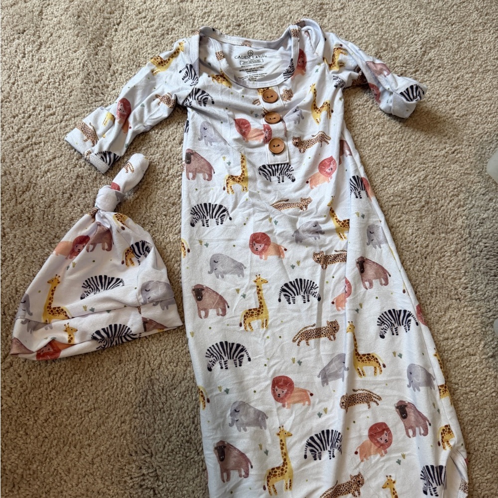 Caden Lane White Safari Animal Pajama Gown with Matching Hat